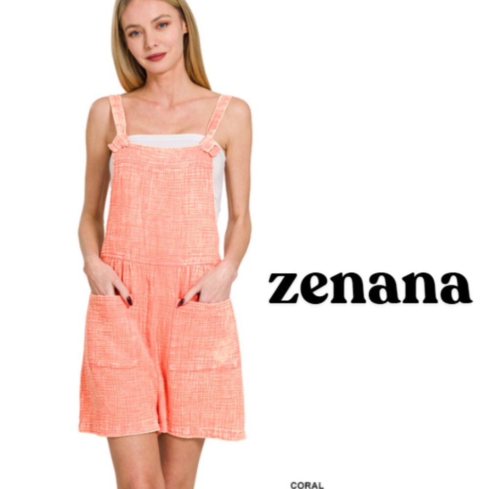 ZENANA Double Gauze Acid Wash Romper Coral
